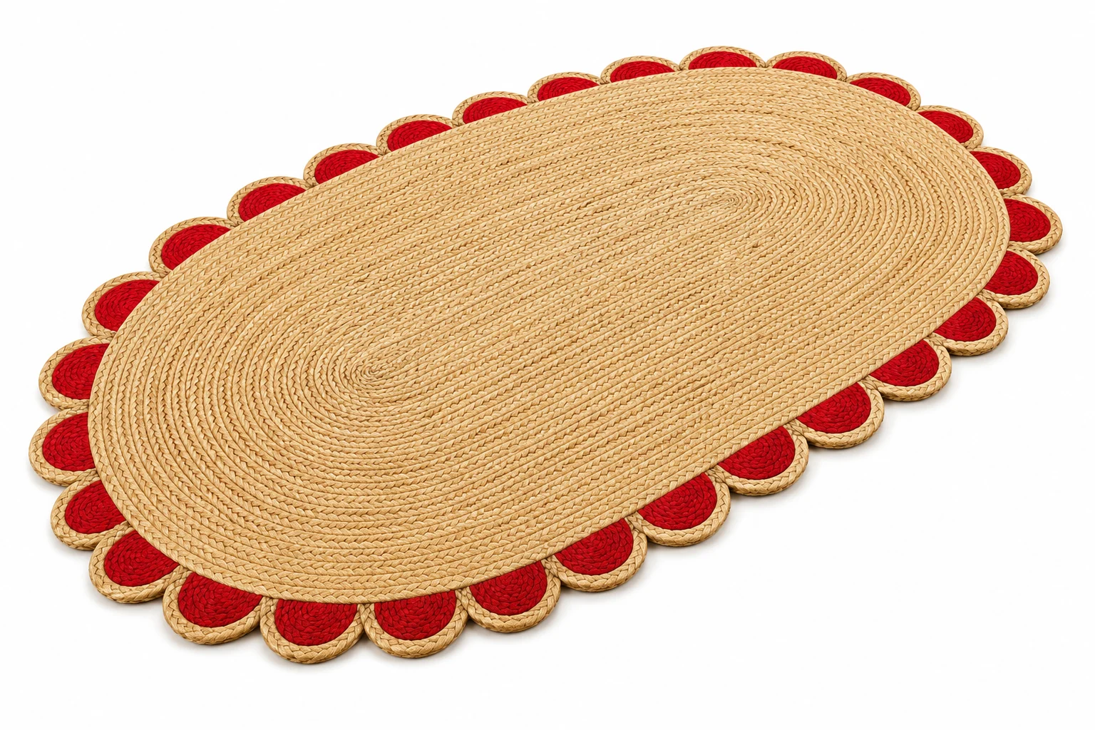 Handwoven Red Scalloped Oval Jute Rug Bold, Beautiful & Handmade