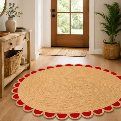  Handwoven Red Scalloped Oval Jute Rug Bold, Beautiful & Handmade