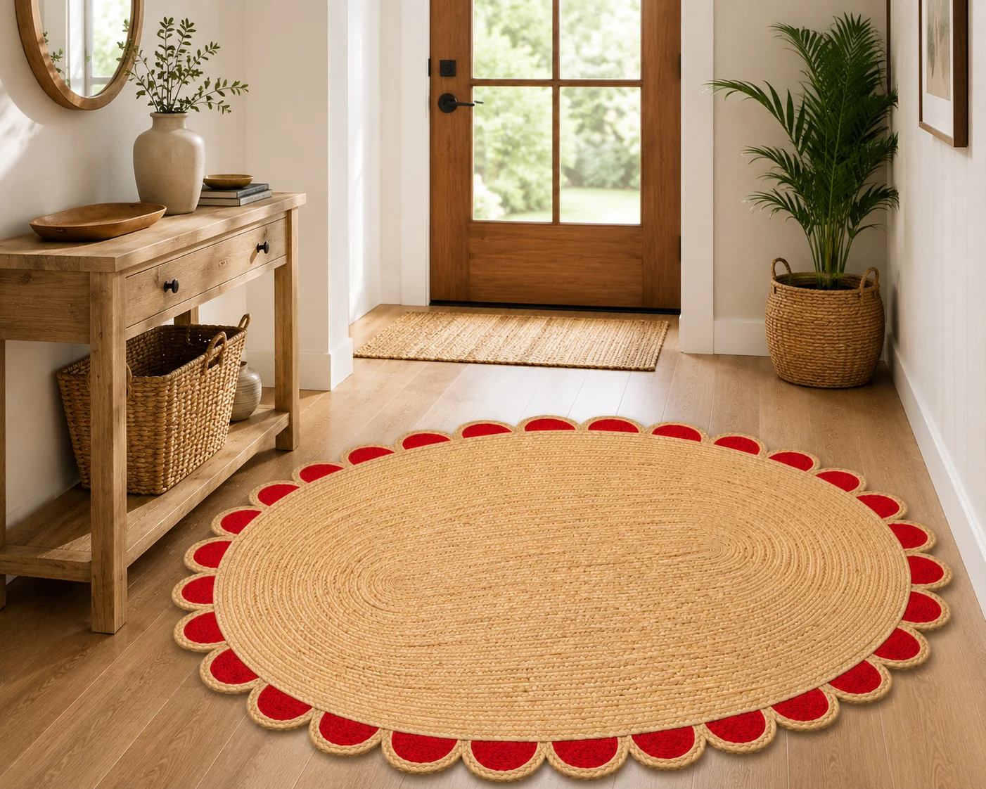  Handwoven Red Scalloped Oval Jute Rug Bold, Beautiful & Handmade