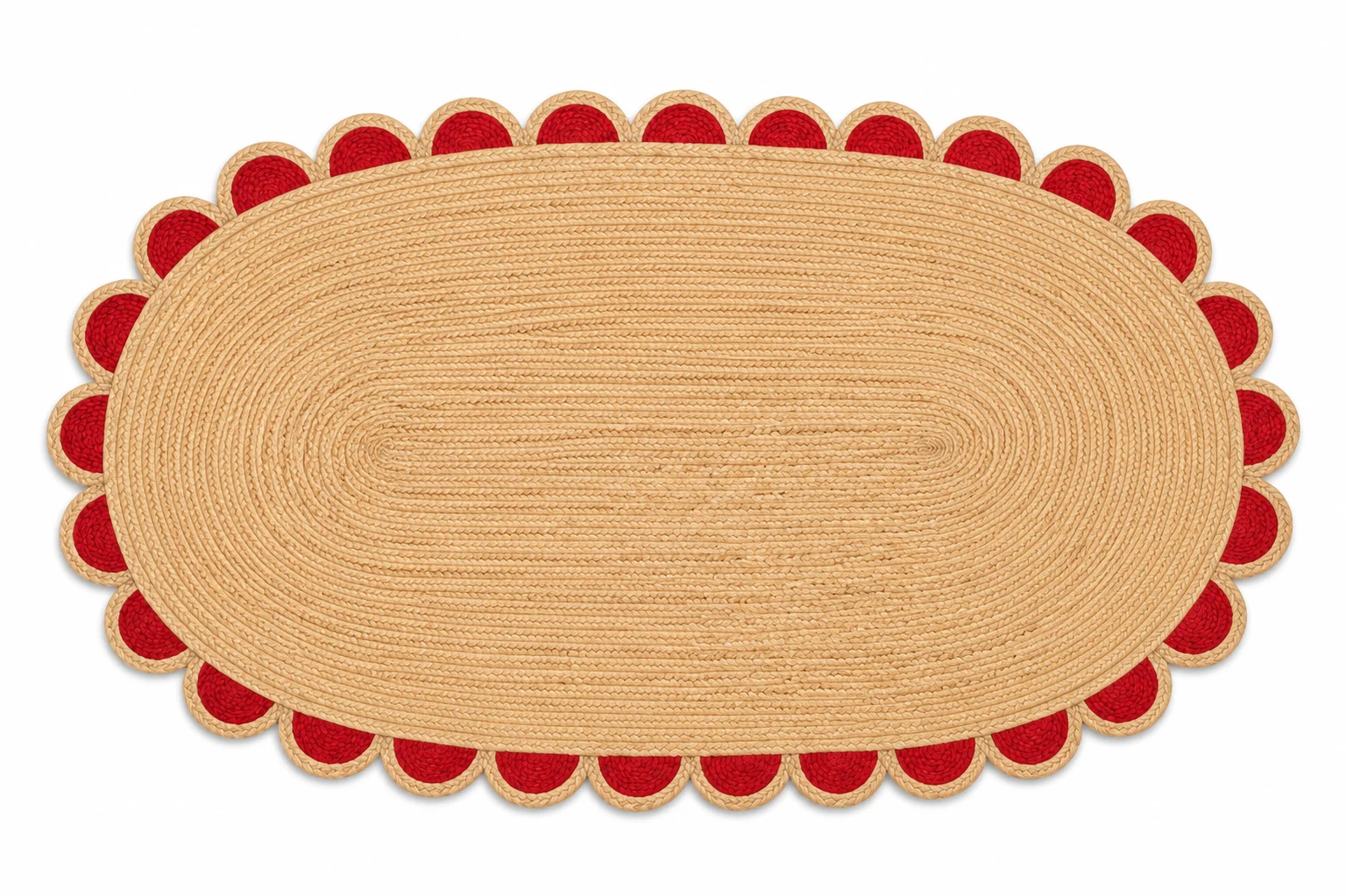  Handwoven Red Scalloped Oval Jute Rug Bold, Beautiful & Handmade