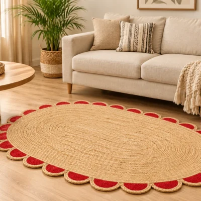  Handwoven Red Scalloped Oval Jute Rug Bold, Beautiful & Handmade