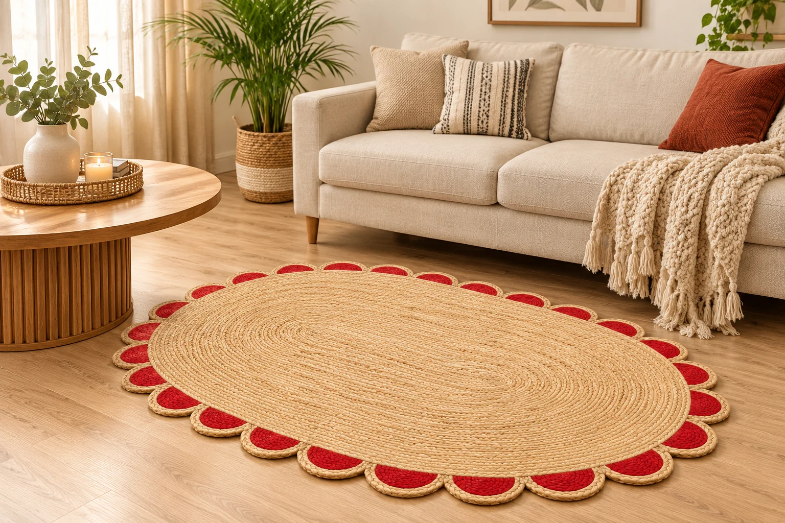  Handwoven Red Scalloped Oval Jute Rug Bold, Beautiful & Handmade