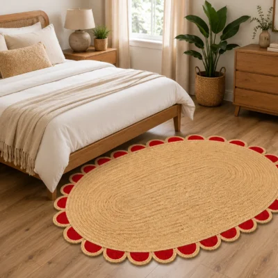  Handwoven Red Scalloped Oval Jute Rug Bold, Beautiful & Handmade