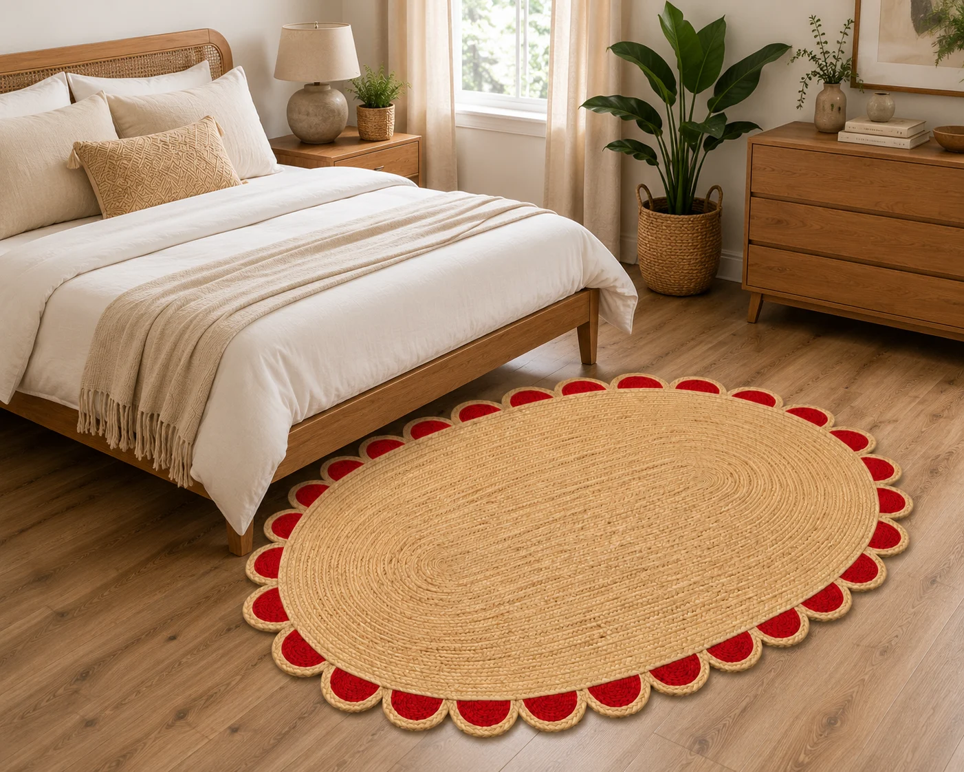  Handwoven Red Scalloped Oval Jute Rug Bold, Beautiful & Handmade