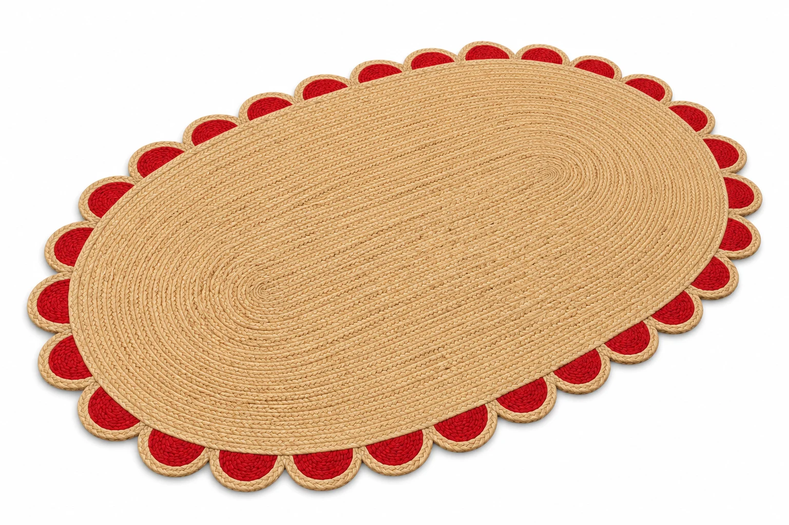  Handwoven Red Scalloped Oval Jute Rug Bold, Beautiful & Handmade