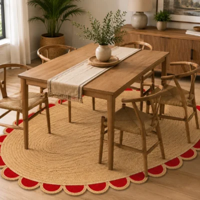  Handwoven Red Scalloped Oval Jute Rug Bold, Beautiful & Handmade