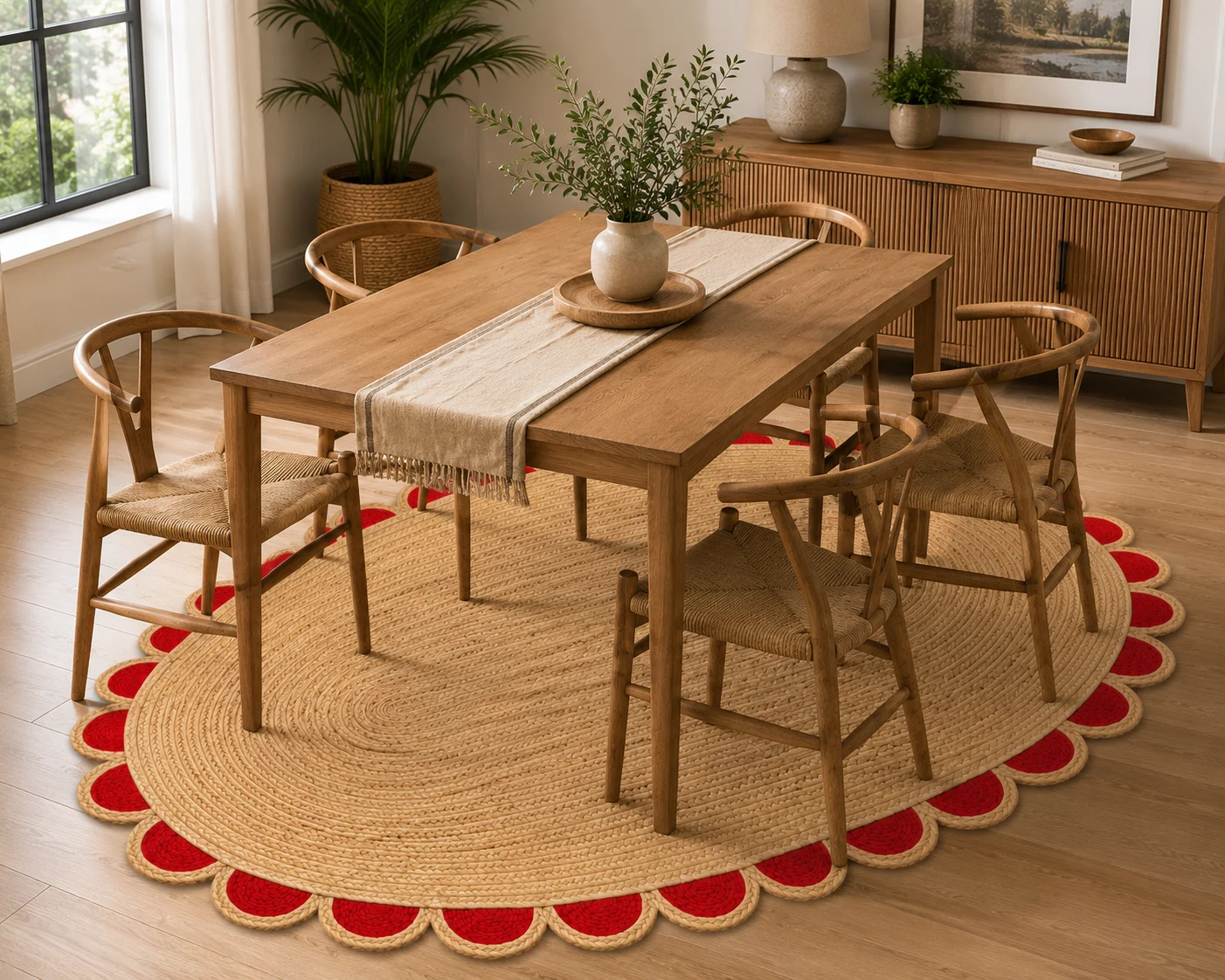  Handwoven Red Scalloped Oval Jute Rug Bold, Beautiful & Handmade