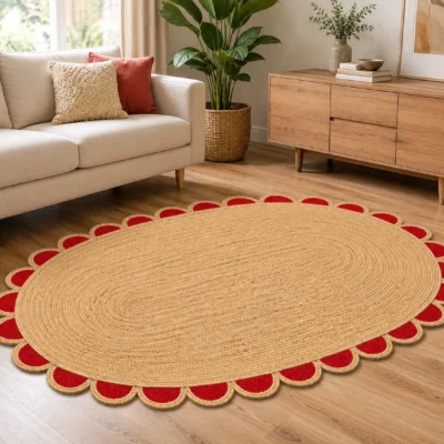 Handwoven Red Scalloped Oval Jute Rug Bold, Beautiful & Handmade
