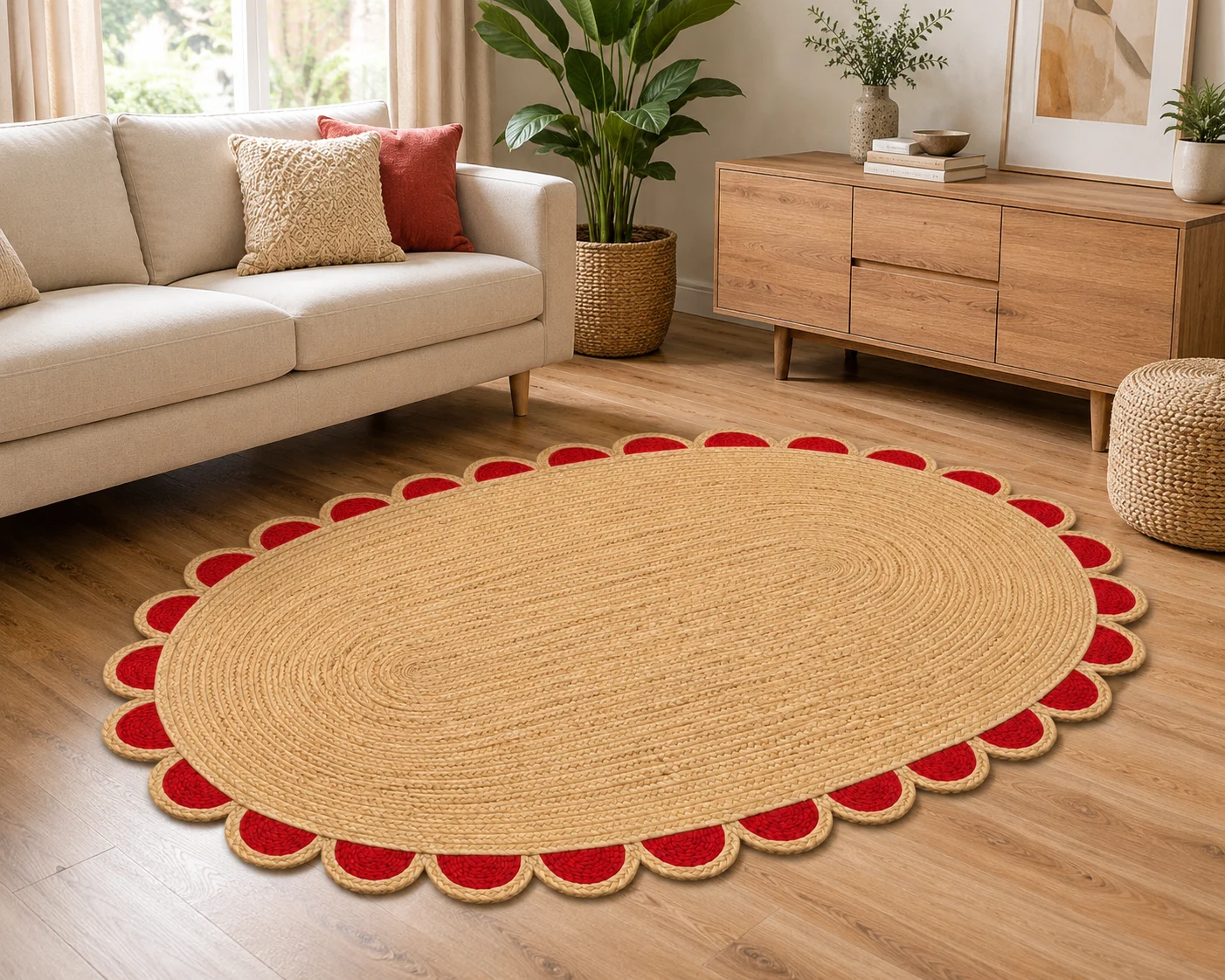  Handwoven Red Scalloped Oval Jute Rug Bold, Beautiful & Handmade