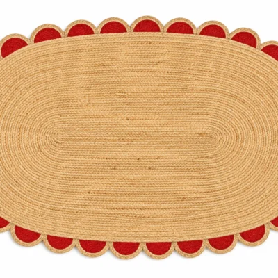  Handwoven Red Scalloped Oval Jute Rug Bold, Beautiful & Handmade