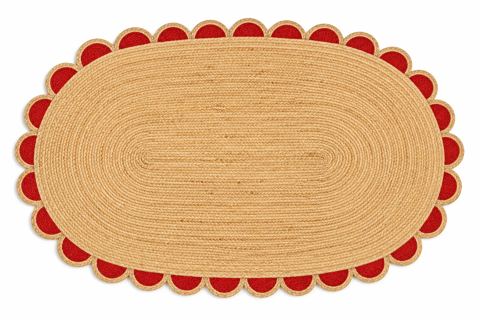  Handwoven Red Scalloped Oval Jute Rug Bold, Beautiful & Handmade
