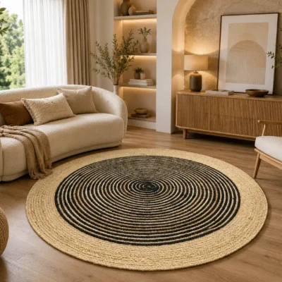Black Jute Round Rug - Handwoven Spiral Design