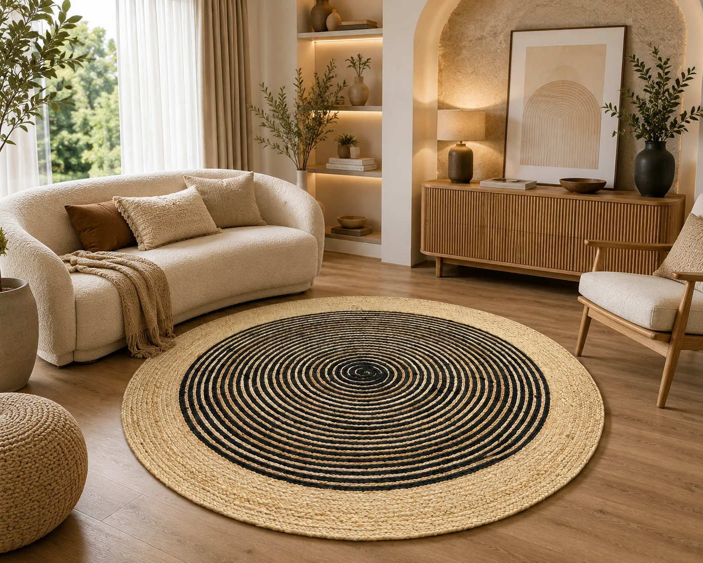 Black Jute Round Rug - Handwoven Spiral Design