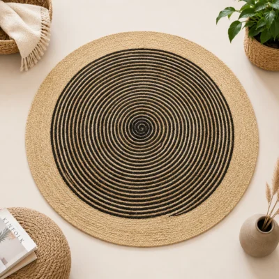 Black Jute Round Rug - Handwoven Spiral Design