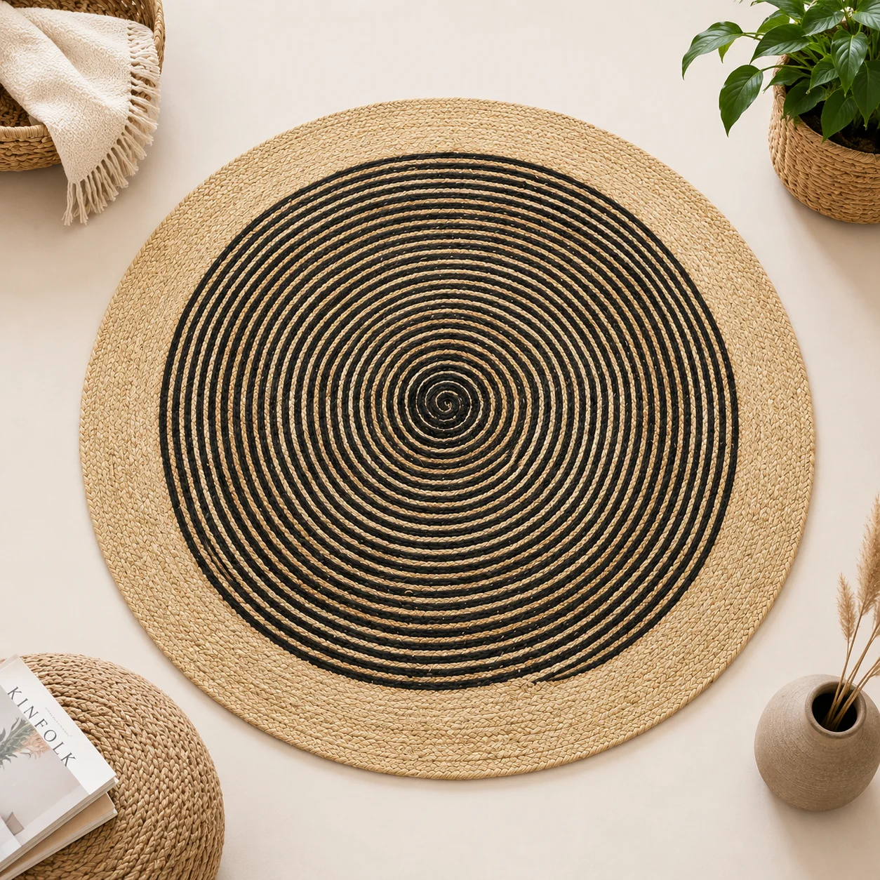 Black Jute Round Rug - Handwoven Spiral Design