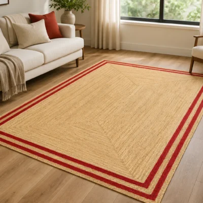 Handmade Natural Jute Area Rug with Red Border Braided Floor Rug