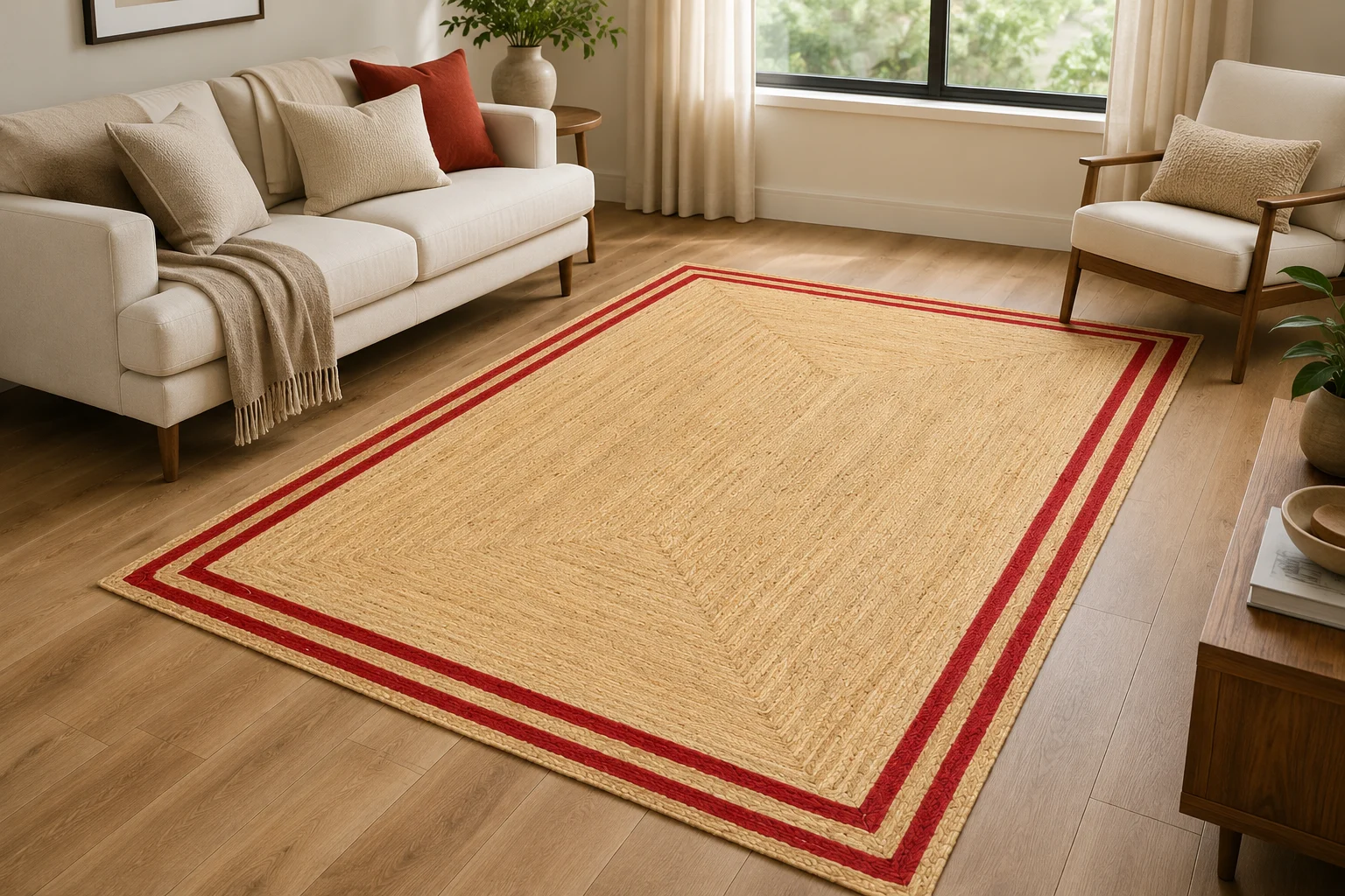 Handmade Natural Jute Area Rug with Red Border Braided Floor Rug