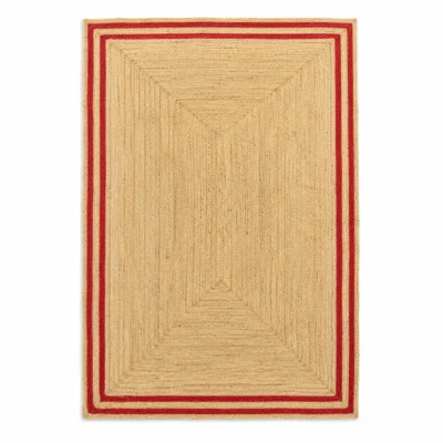 Handmade Natural Jute Area Rug with Red Border Braided Floor Rug