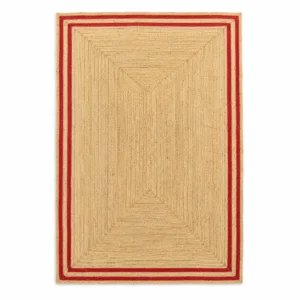 Handmade Natural Jute Area Rug with Red Border Braided Floor Rug