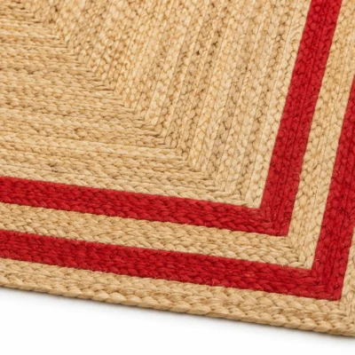 Handmade Natural Jute Area Rug with Red Border Braided Floor Rug