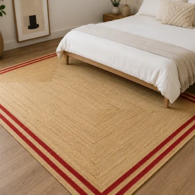 Handmade Natural Jute Area Rug with Red Border Braided Floor Rug