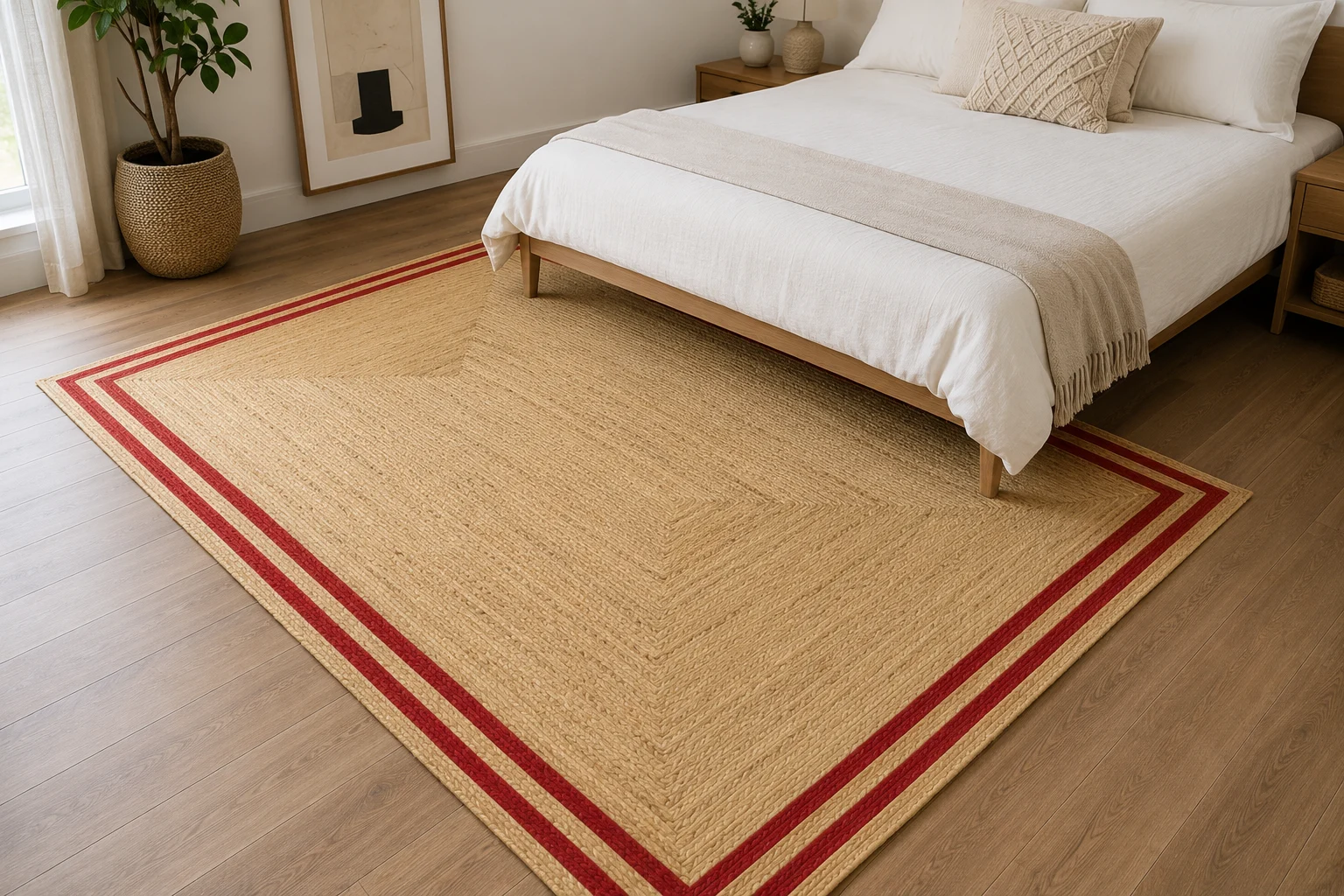 Handmade Natural Jute Area Rug with Red Border Braided Floor Rug