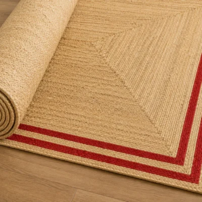 Handmade Natural Jute Area Rug with Red Border Braided Floor Rug