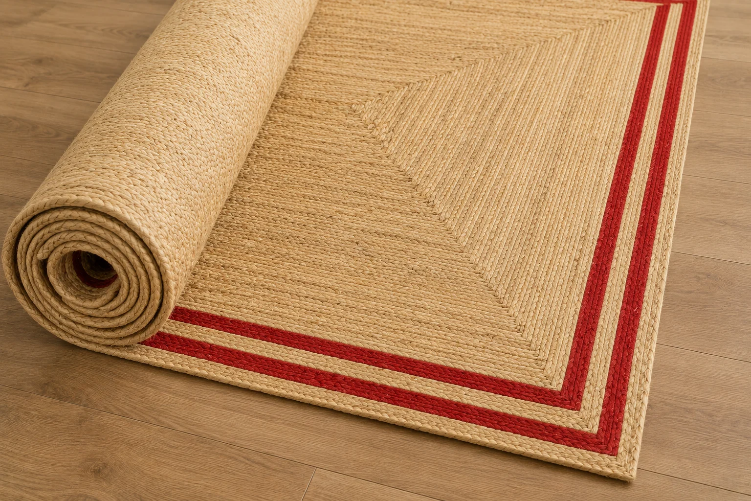 Handmade Natural Jute Area Rug with Red Border Braided Floor Rug