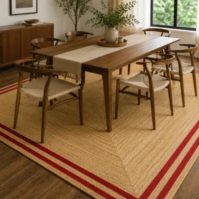 Handmade Natural Jute Area Rug with Red Border Braided Floor Rug