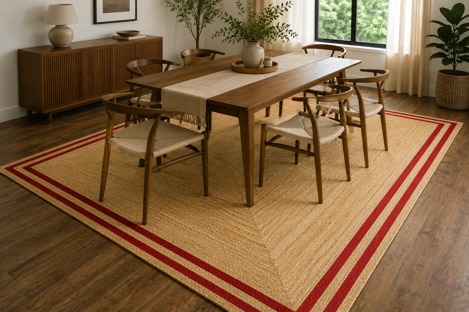Handmade Natural Jute Area Rug with Red Border Braided Floor Rug