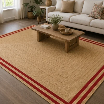 Handmade Natural Jute Area Rug with Red Border Braided Floor Rug