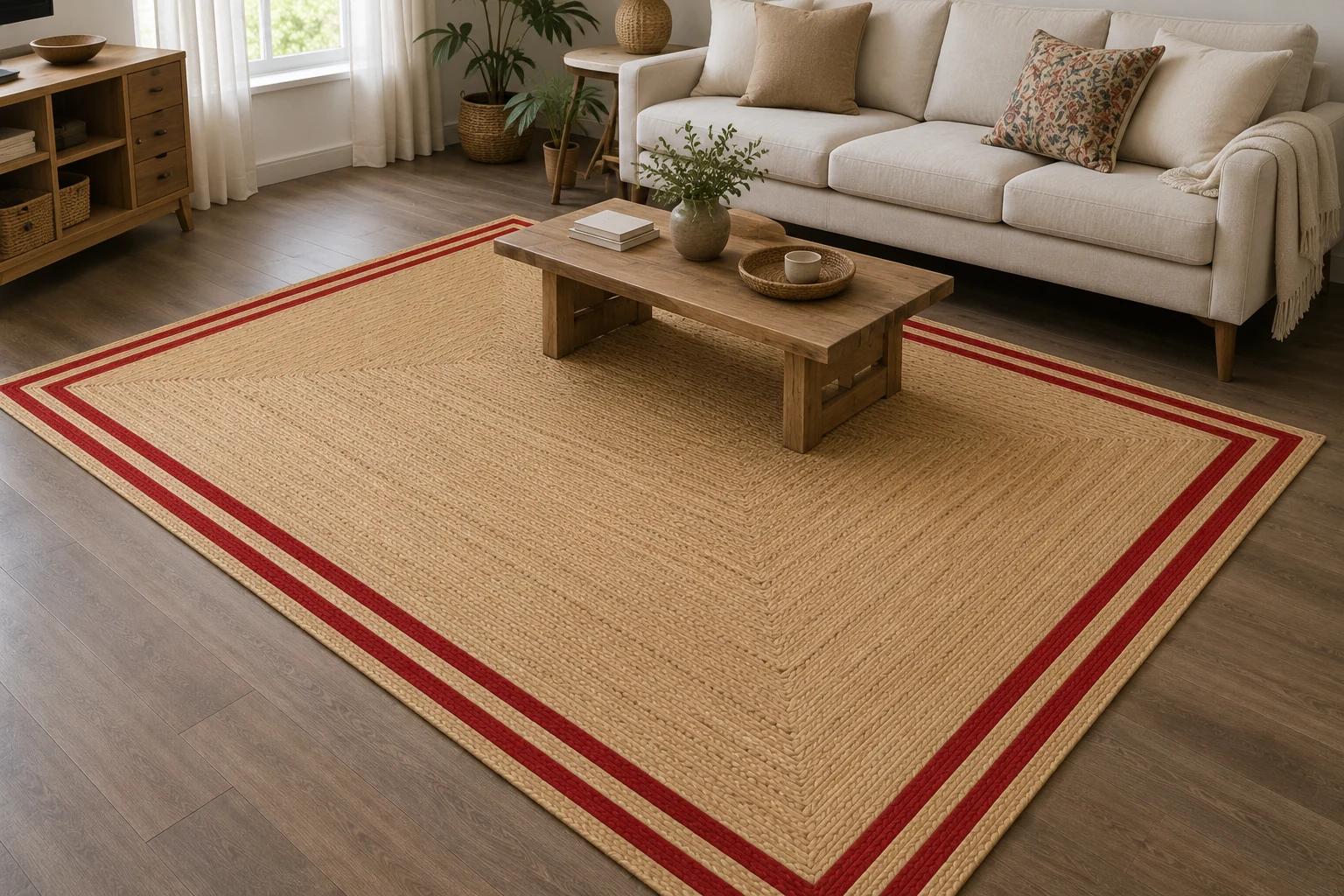 Handmade Natural Jute Area Rug with Red Border Braided Floor Rug