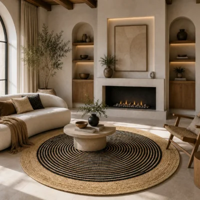 Black Jute Round Rug - Handwoven Spiral Design