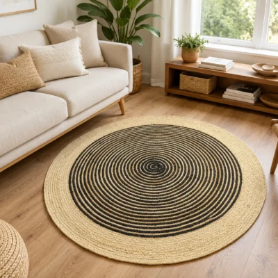 Black Jute Round Rug - Handwoven Spiral Design
