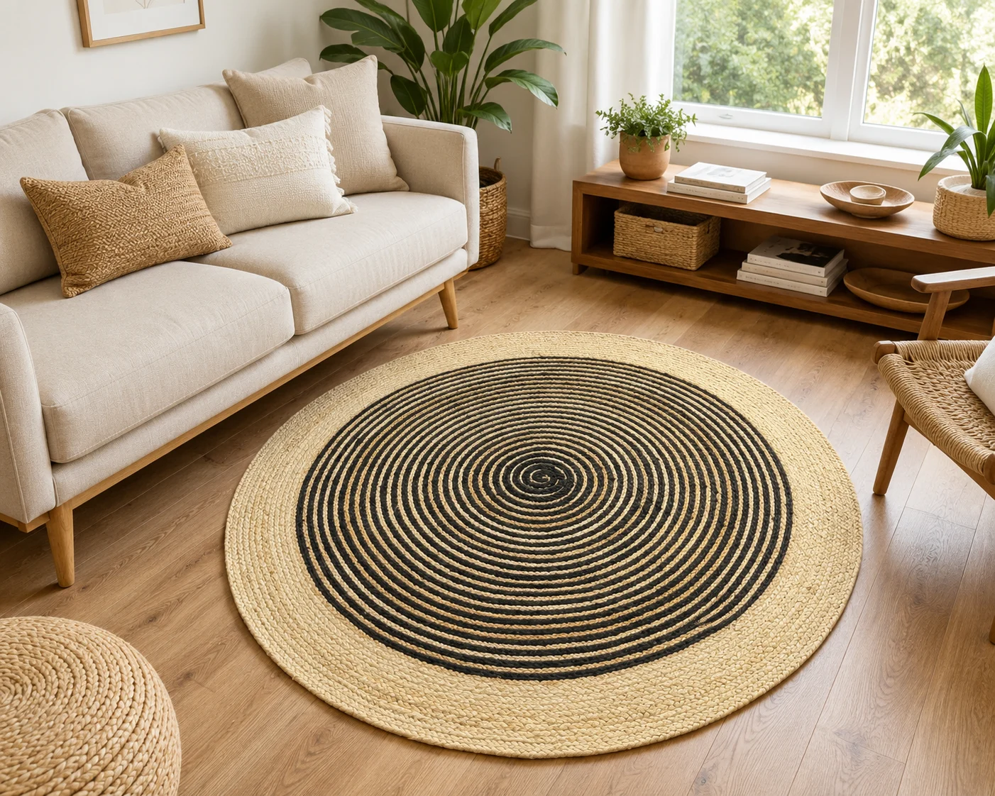 Black Jute Round Rug - Handwoven Spiral Design