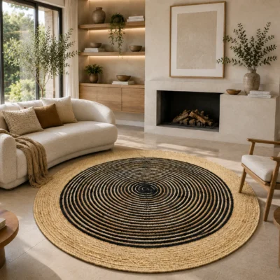 Black Jute Round Rug - Handwoven Spiral Design