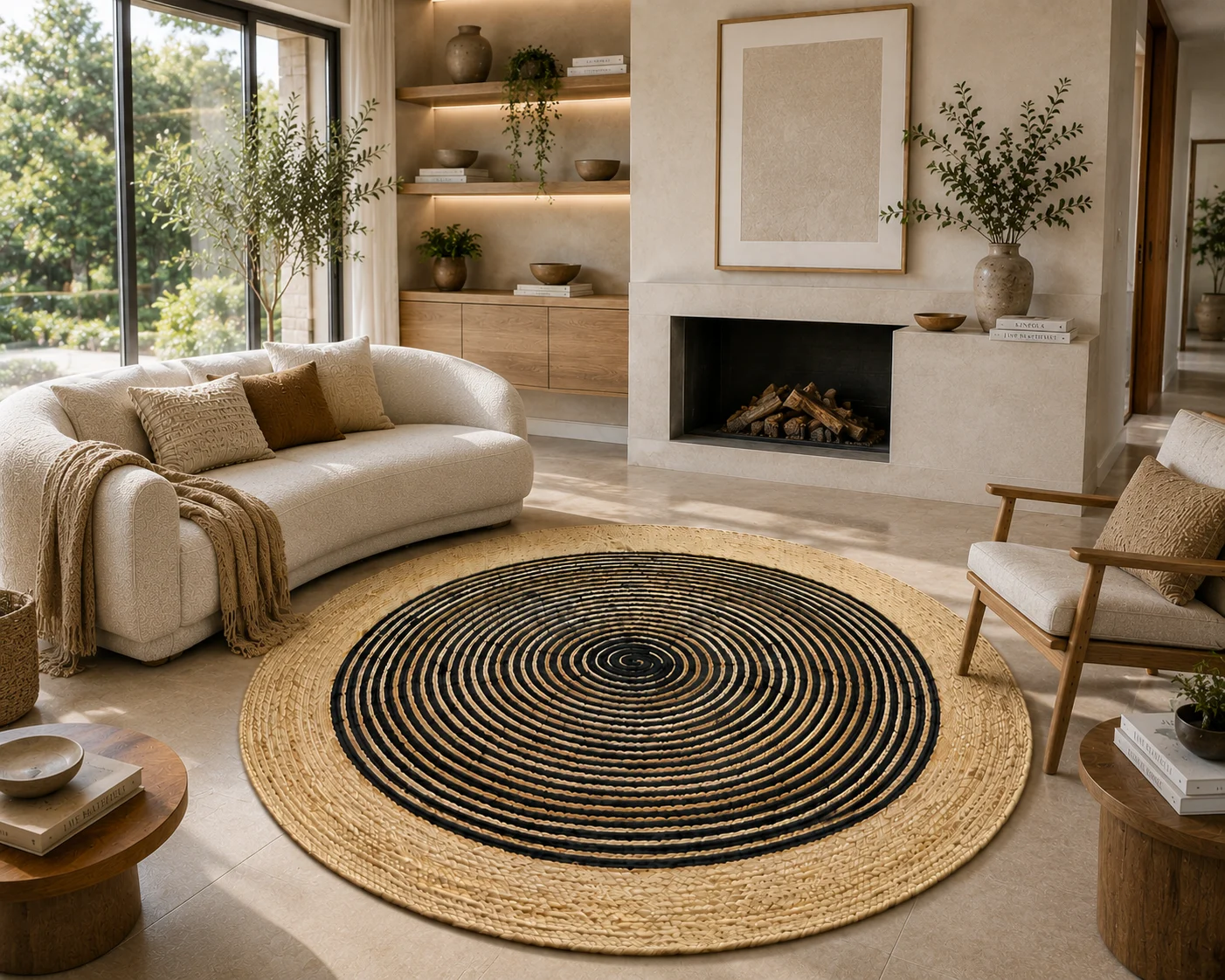 Black Jute Round Rug - Handwoven Spiral Design