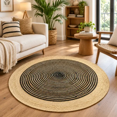 Black Jute Round Rug - Handwoven Spiral Design