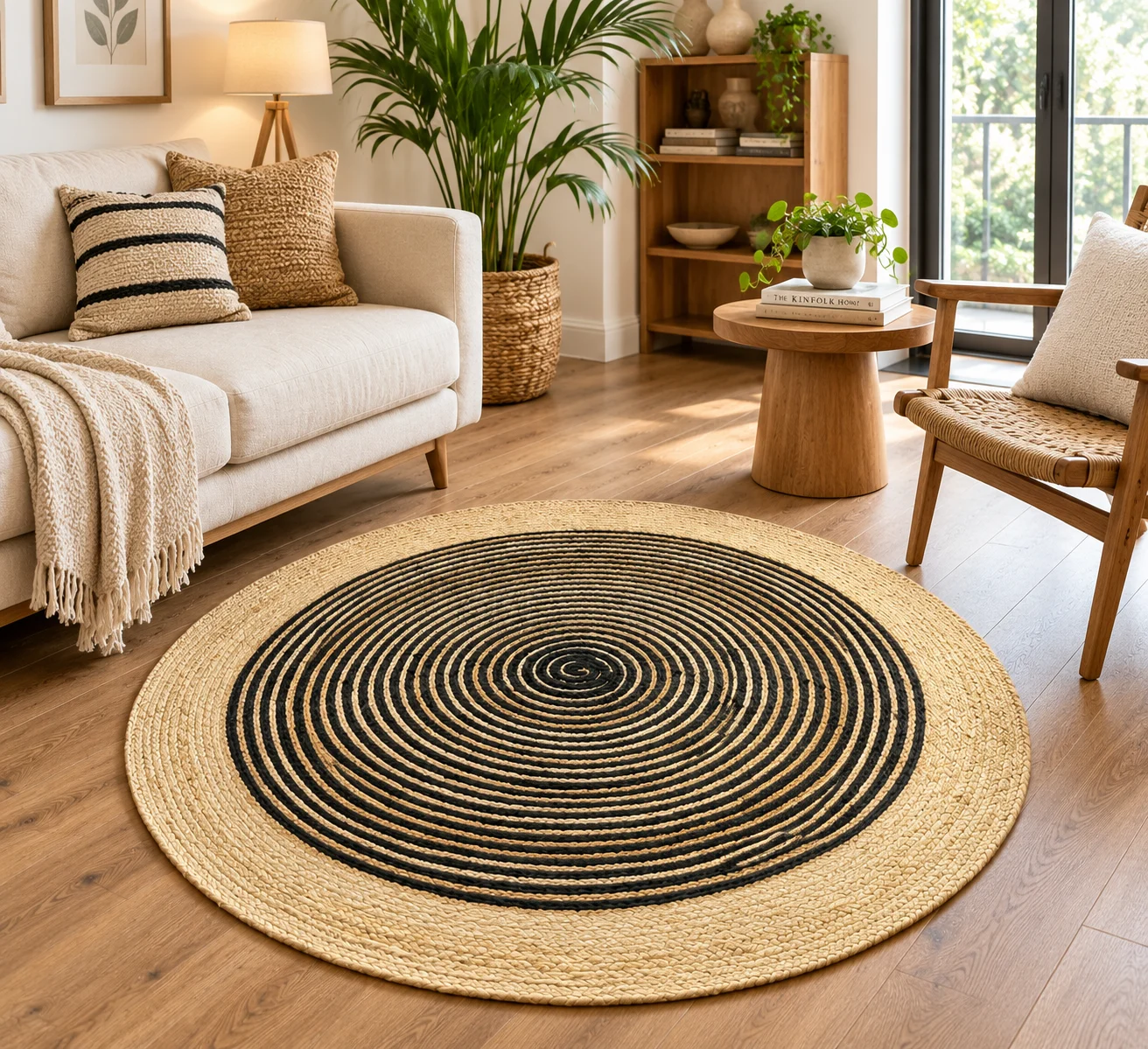 Black Jute Round Rug - Handwoven Spiral Design