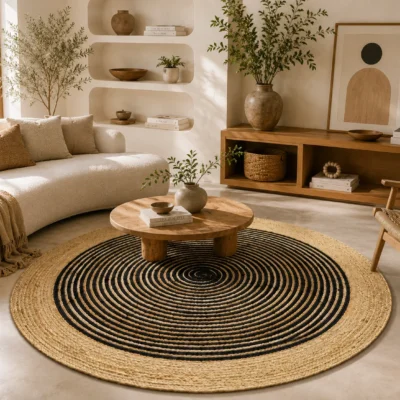 Black Jute Round Rug - Handwoven Spiral Design