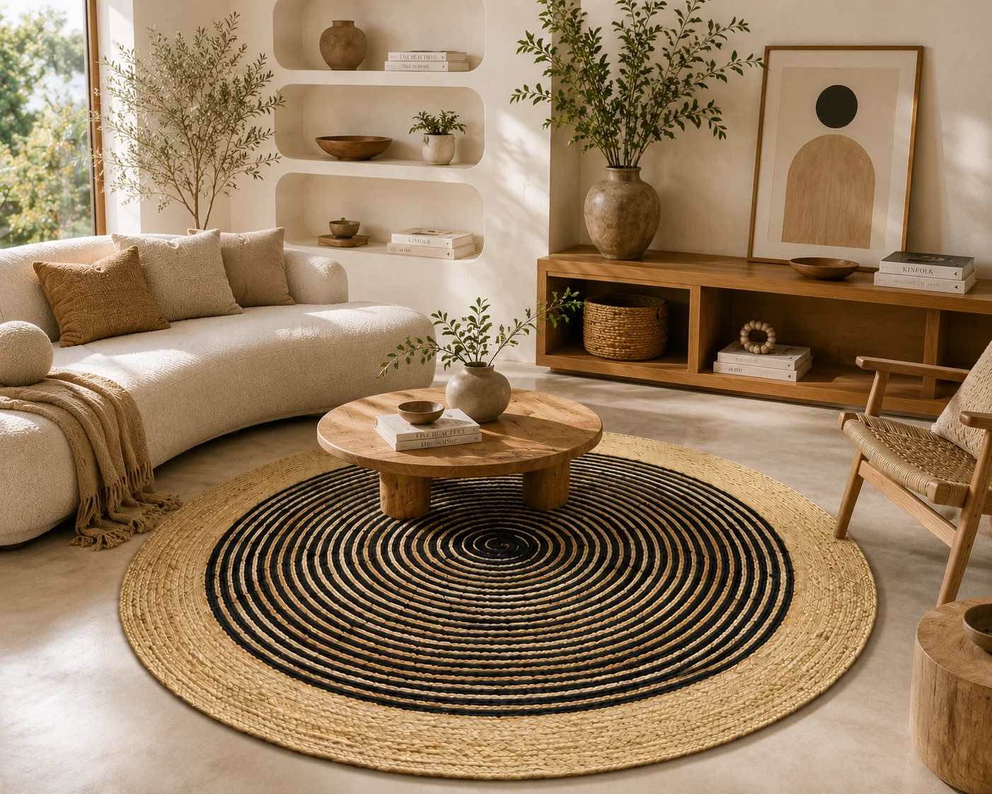 Black Jute Round Rug - Handwoven Spiral Design