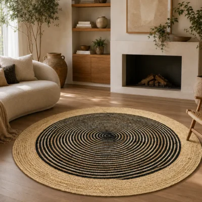 Black Jute Round Rug - Handwoven Spiral Design