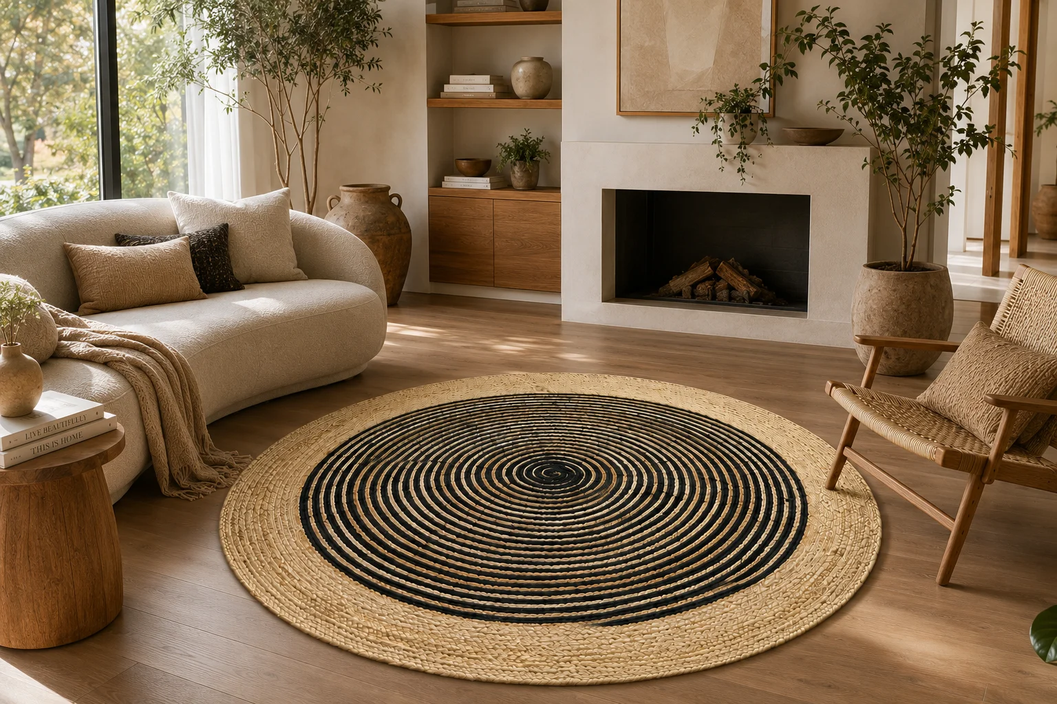 Black Jute Round Rug - Handwoven Spiral Design