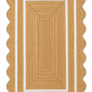Handmade Scalloped Jute Area Rug | Natural Braided Farmhouse Rug with White Border