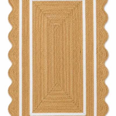 Handmade Scalloped Jute Area Rug | Natural Braided Farmhouse Rug with White Border