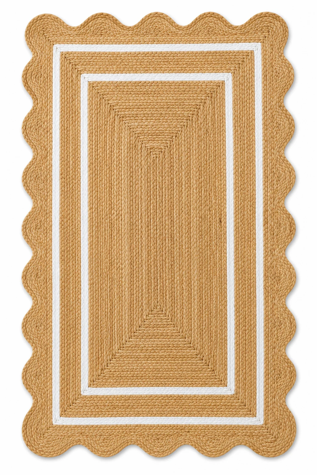 Handmade Scalloped Jute Area Rug | Natural Braided Farmhouse Rug with White Border