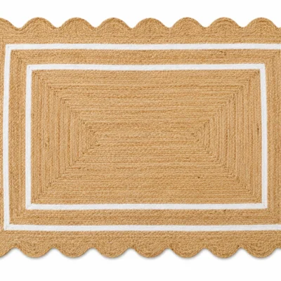 Handmade Scalloped Jute Area Rug | Natural Braided Farmhouse Rug with White Border