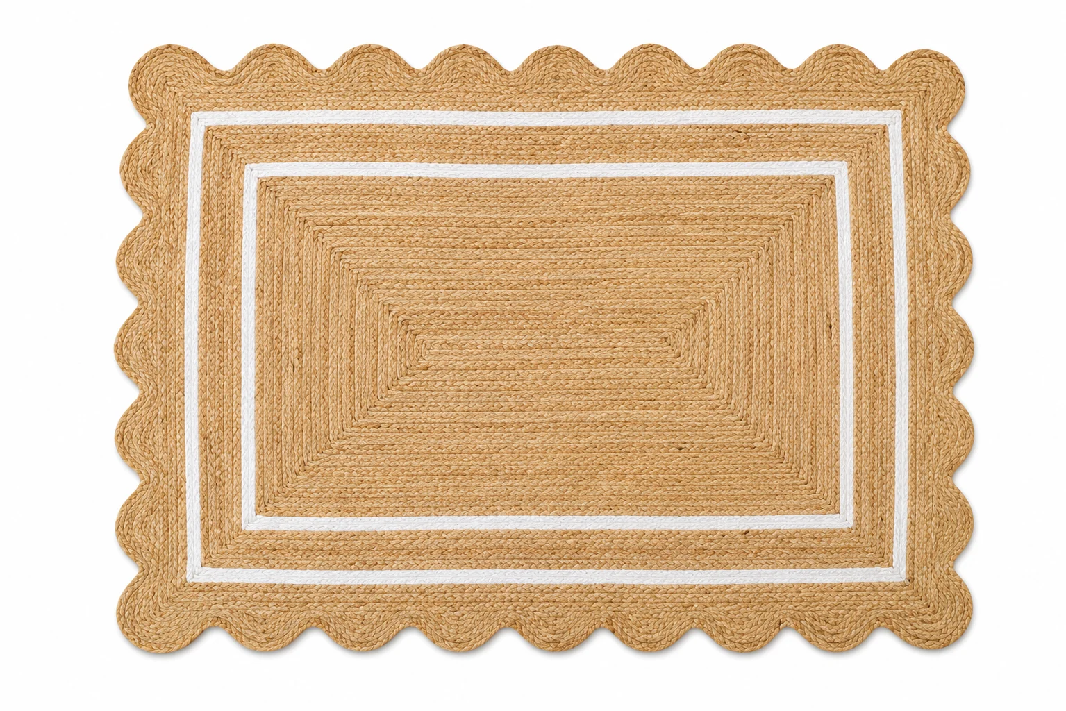 Handmade Scalloped Jute Area Rug | Natural Braided Farmhouse Rug with White Border