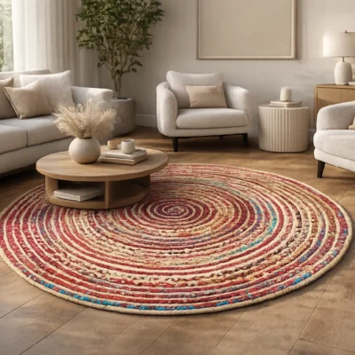 Handwoven Round Multicolor Boho Jute Rug