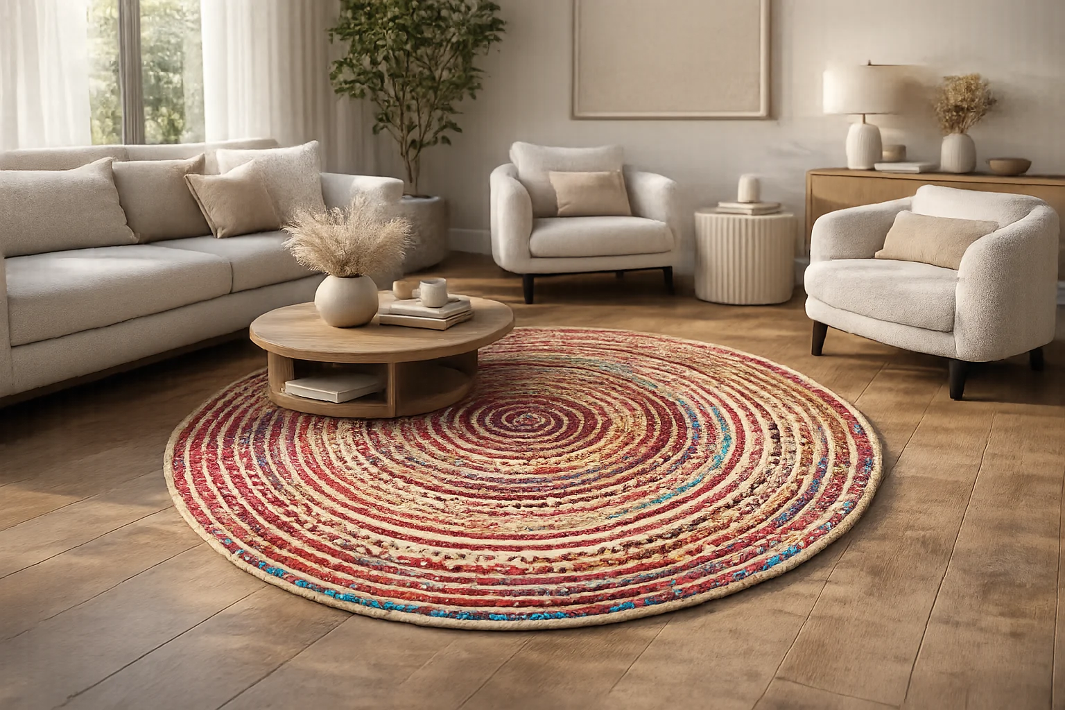 Handwoven Round Multicolor Boho Jute Rug